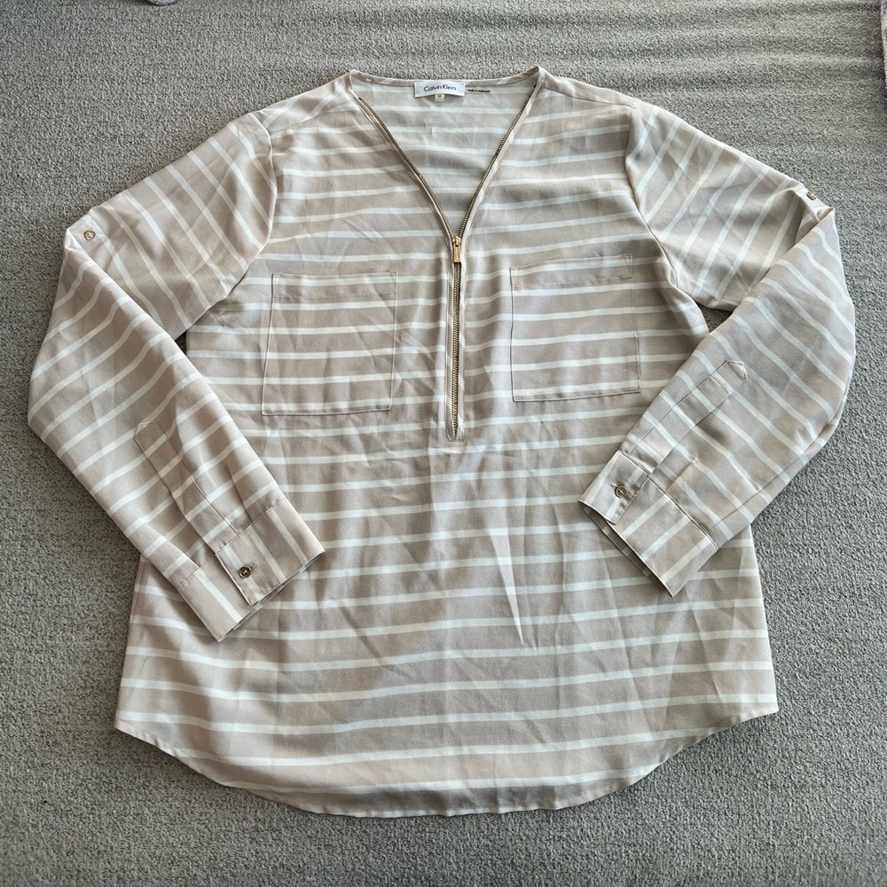 Calvin Klein Tan and White Striped Blouse